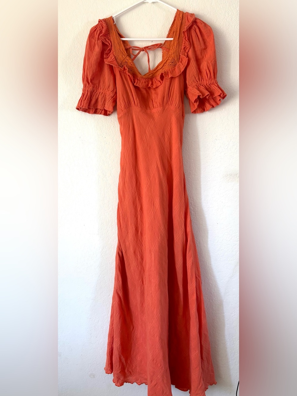 Free People Coral-Orange Maxi Dress with Ruffle Neckline